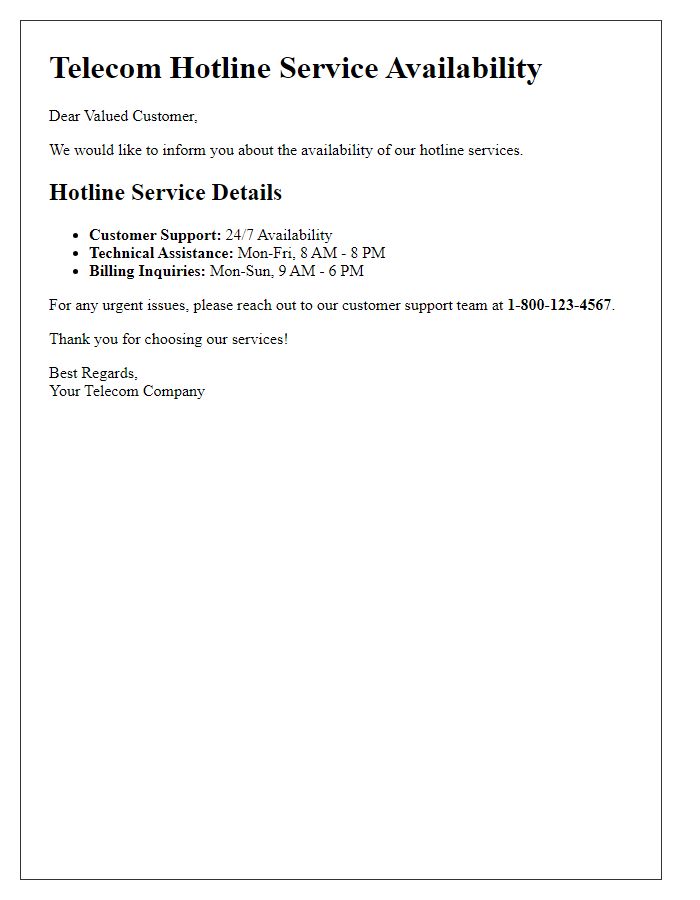 Letter template of telecom hotline service availability details