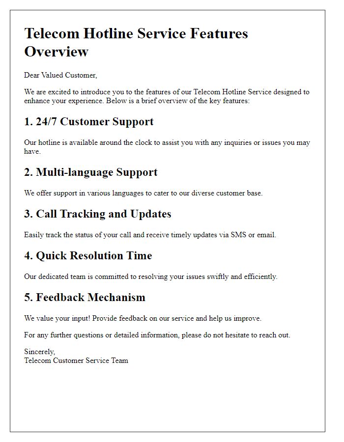 Letter template of telecom hotline service features overview