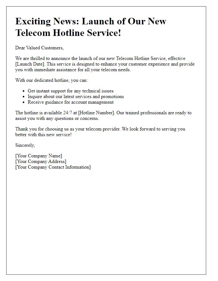 Letter template of telecom hotline service launch announcement