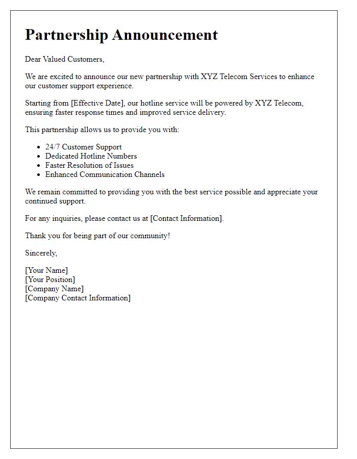 Letter template of telecom hotline service partnership announcement