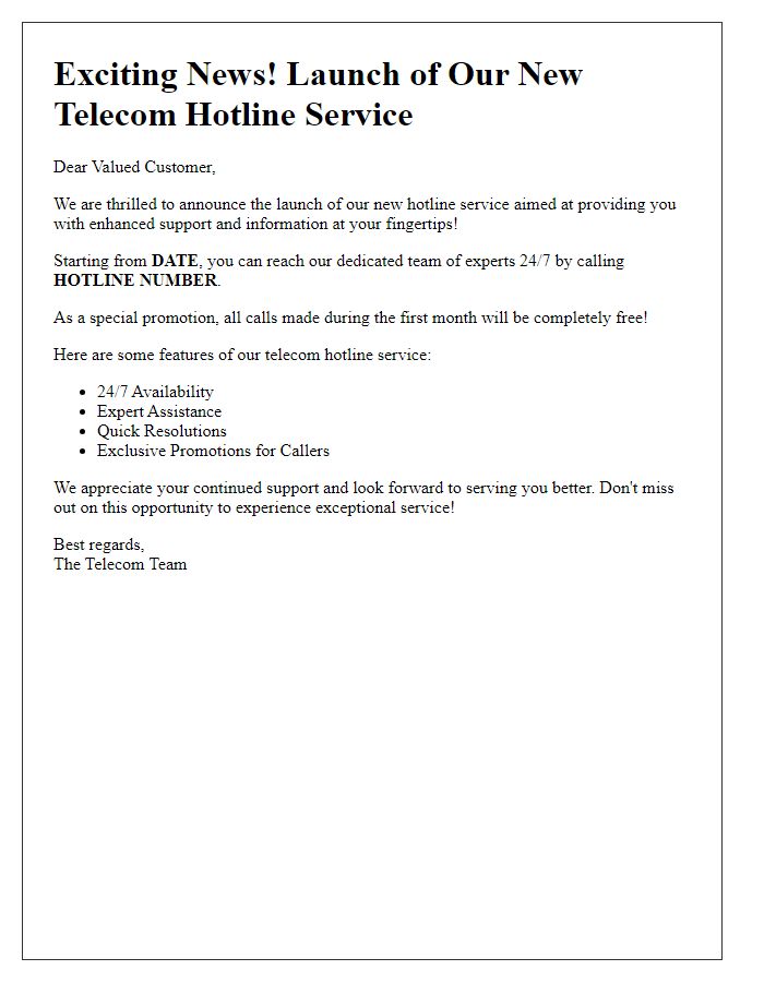 Letter template of telecom hotline service promotional campaign launch