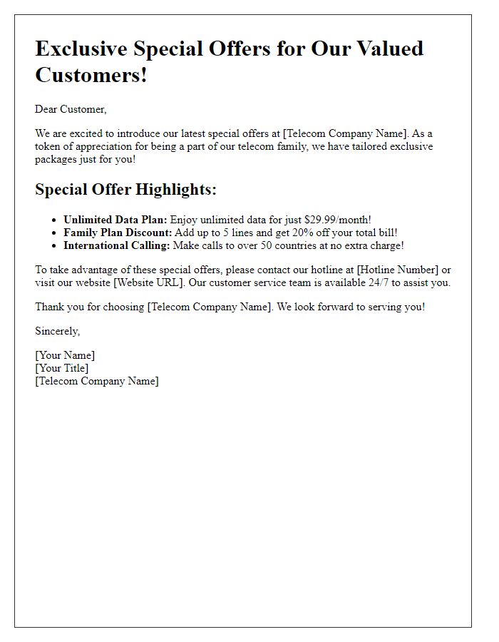 Letter template of telecom hotline service special offers introduction