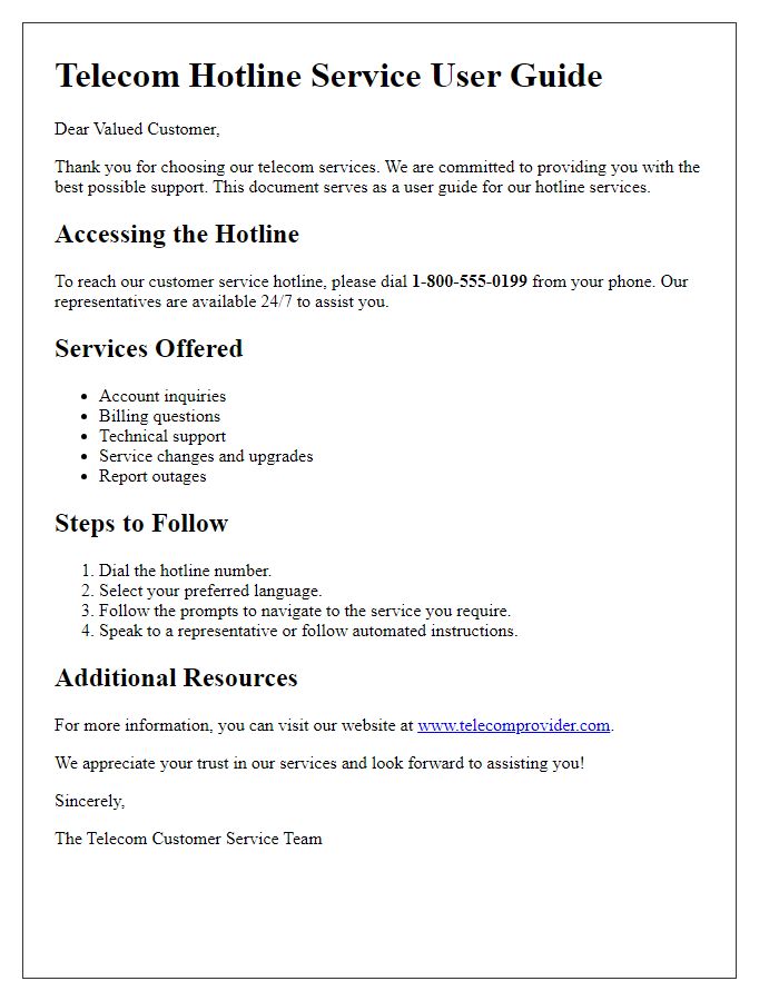 Letter template of telecom hotline service user guide provision