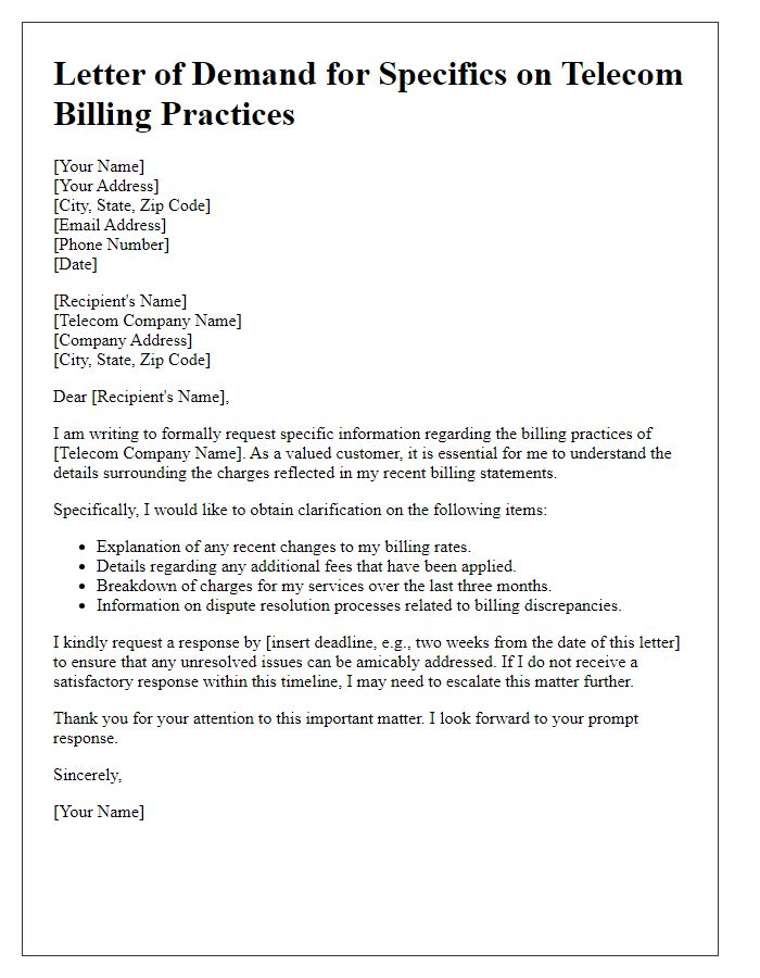 Letter template of demand for specifics on telecom billing practices.