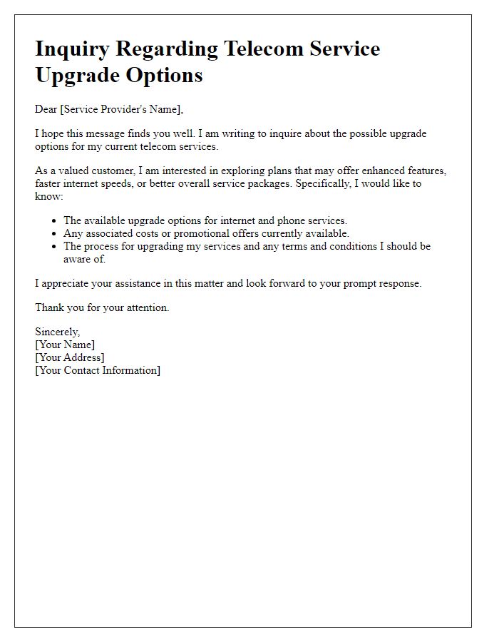 Letter template of inquiry about telecom service upgrade options.