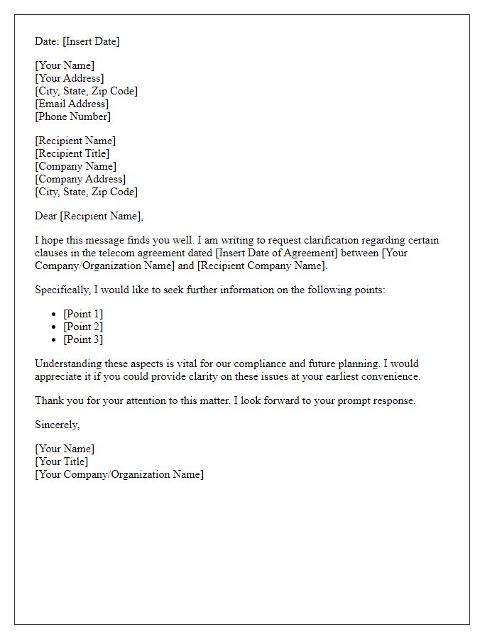 Letter template of request for clarification on telecom agreement.