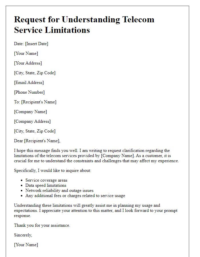 Letter template of request for understanding telecom service limitations.