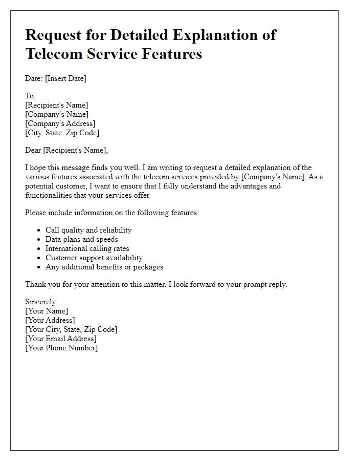 Letter template of seeking detailed explanation of telecom service features.