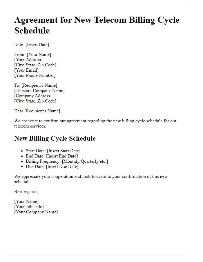 Letter template of agreement for new telecom billing cycle schedule