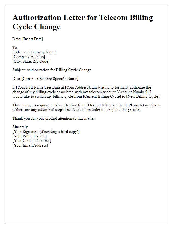 Letter template of authorization for telecom billing cycle change