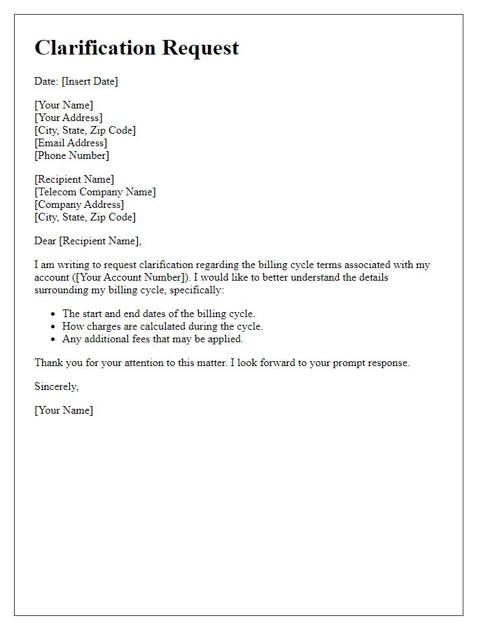 Letter template of clarification request for telecom billing cycle terms