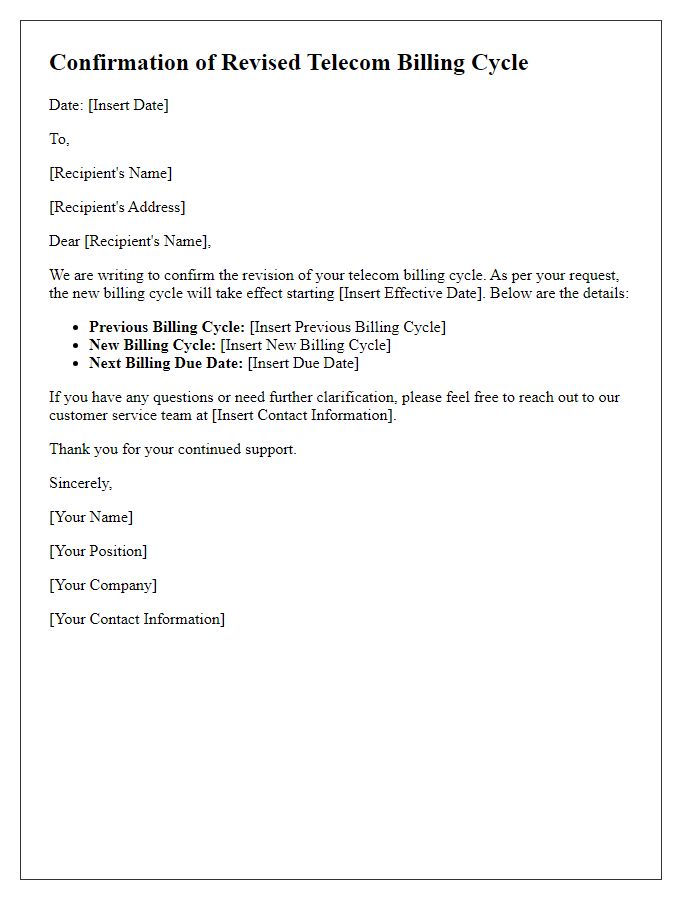 Letter template of confirmation for revised telecom billing cycle