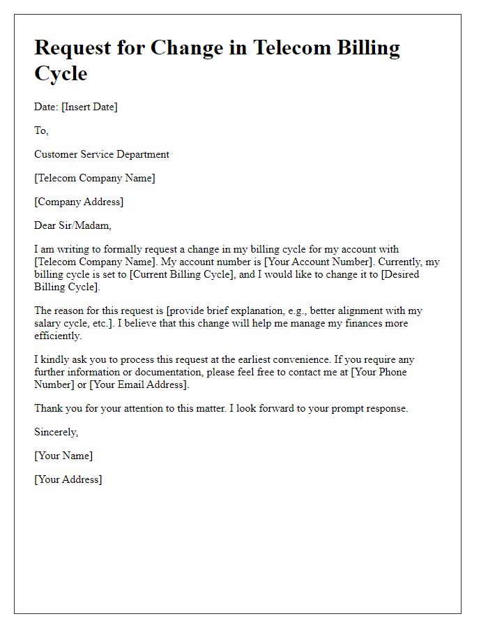 Letter template of request for change in telecom billing cycle