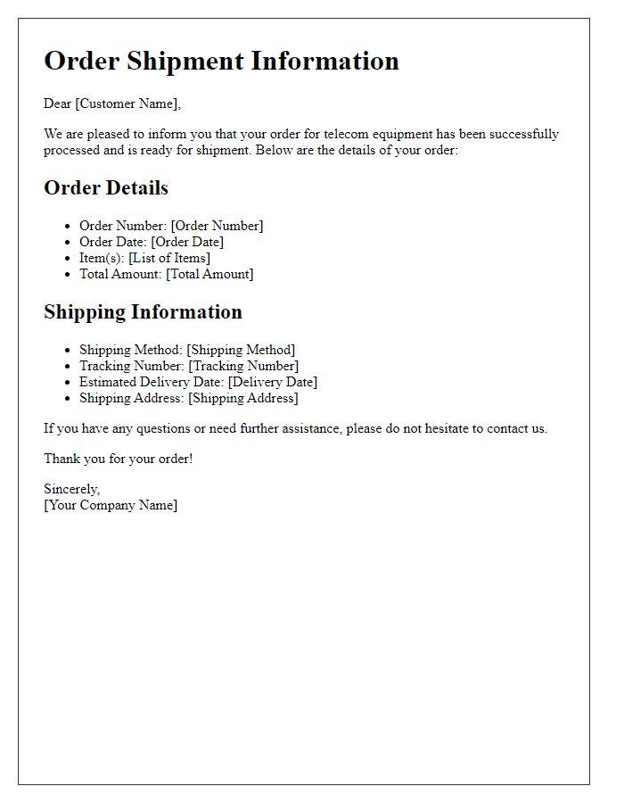 Letter template of Order Shipment Information for Telecom Equipment