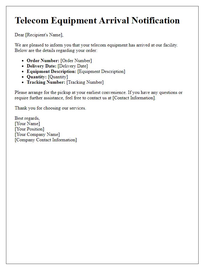 Letter template of Telecom Equipment Arrival Notification