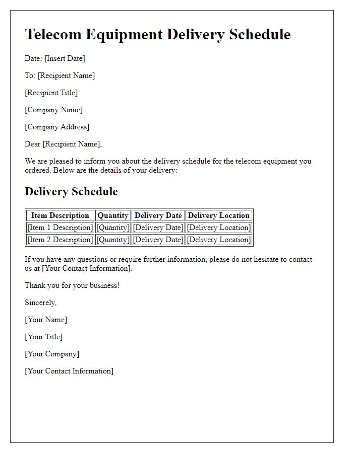 Letter template of Telecom Equipment Delivery Schedule