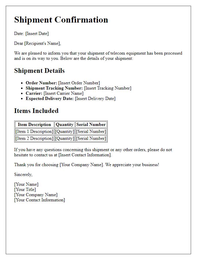 Letter template of Telecom Equipment Shipment Confirmation