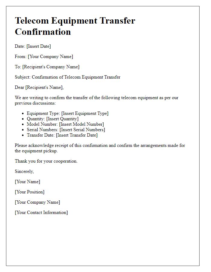 Letter template of Telecom Equipment Transfer Confirmation