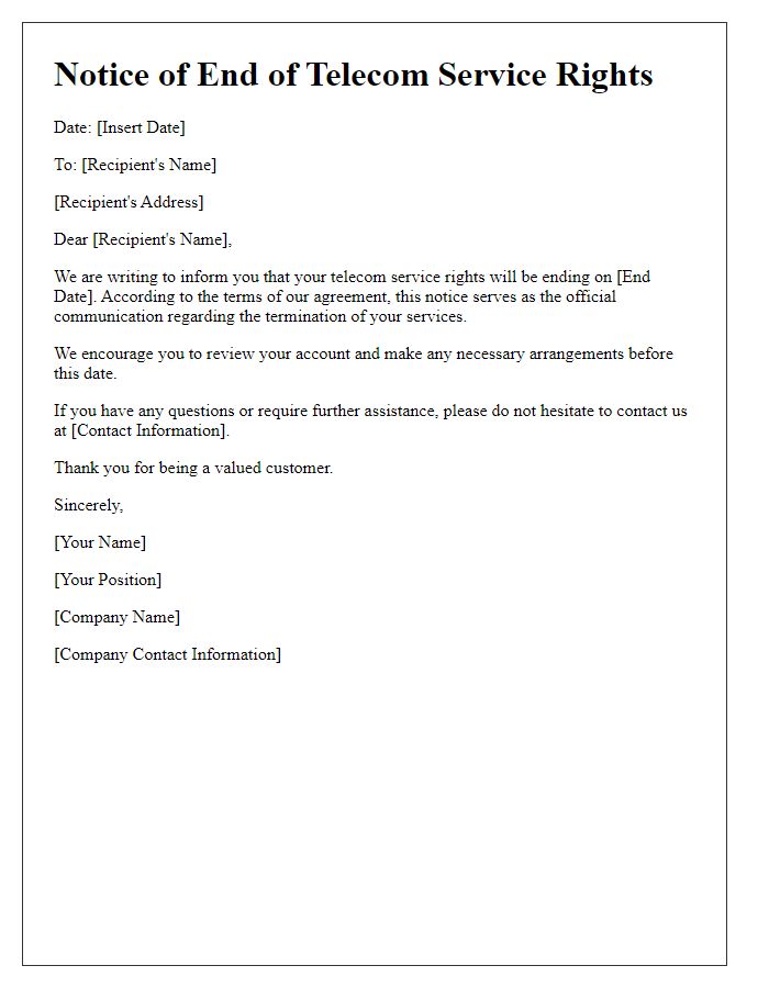 Letter template of notice for end of telecom service rights.