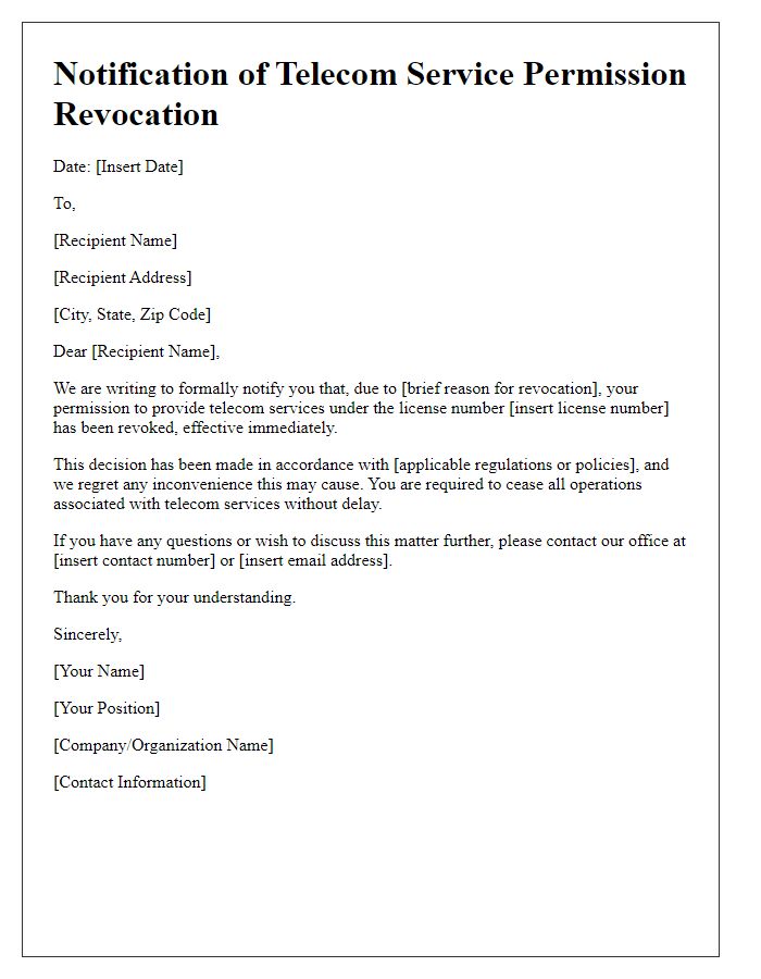 Letter template of notification for telecom service permission revocation.