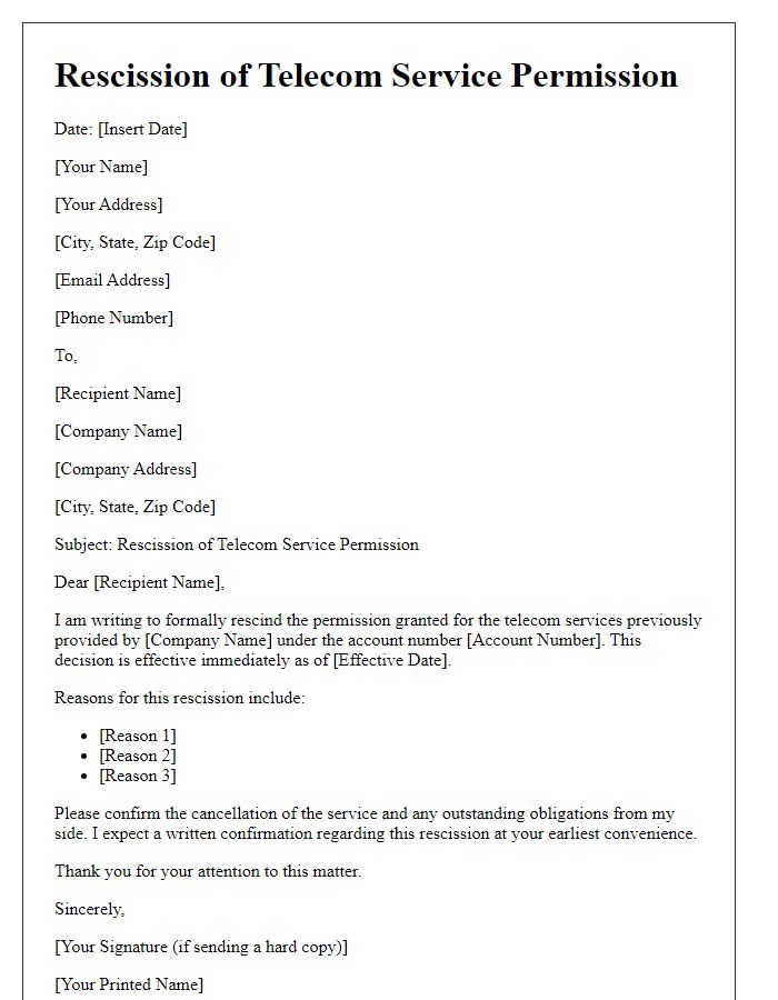 Letter template of rescission of telecom service permission.