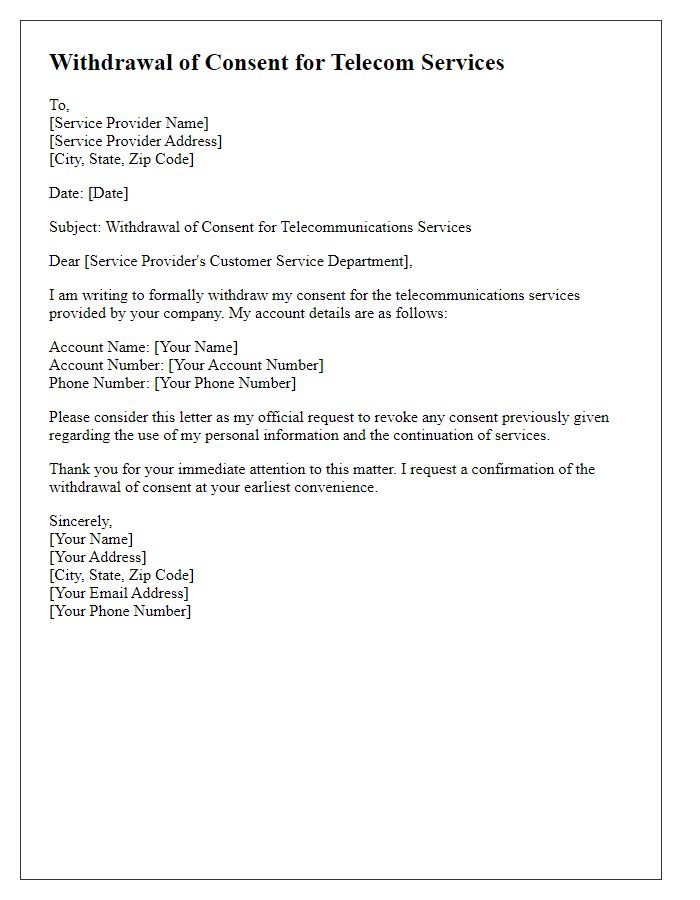 Letter template of withdrawal of telecom service consent.