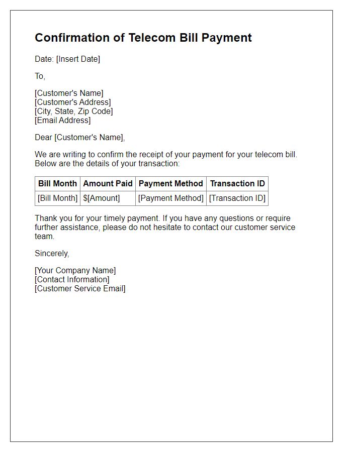 Letter template of Confirmation of Telecom Bill Payment