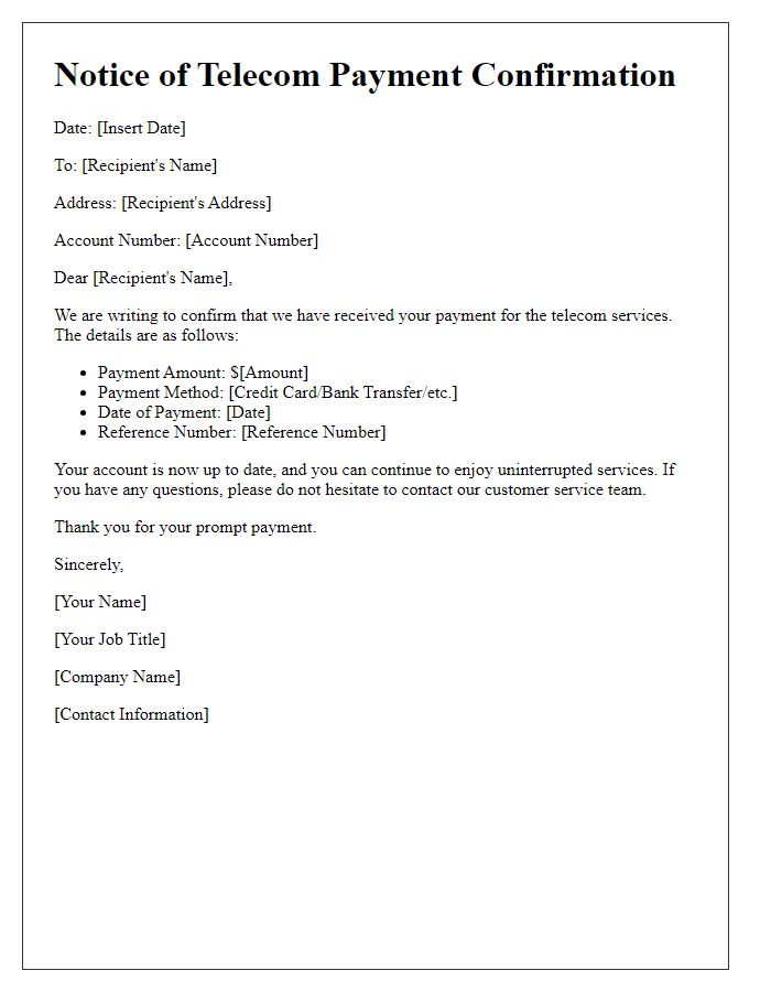 Letter template of Notice for Telecom Payment Confirmation