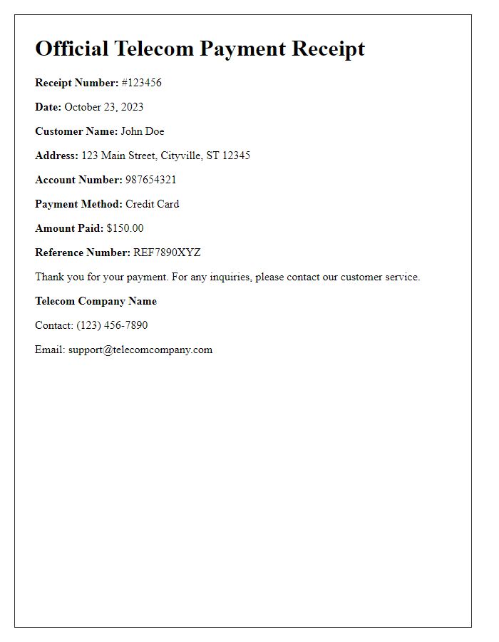 Letter template of Official Telecom Payment Receipt