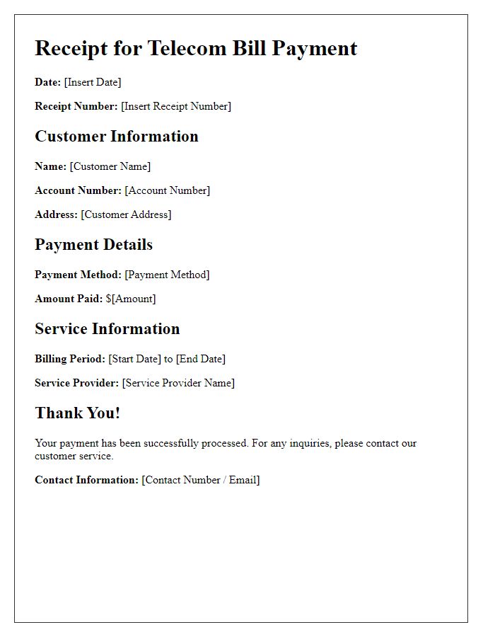 Letter template of Receipt for Telecom Bill Payment