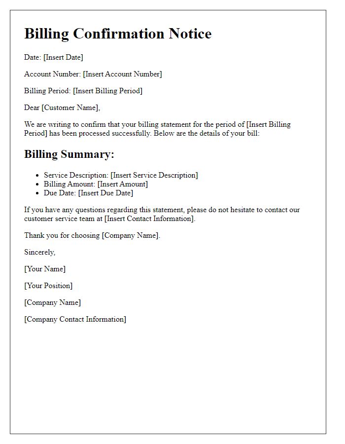 Letter template of Telecom Billing Confirmation Notice