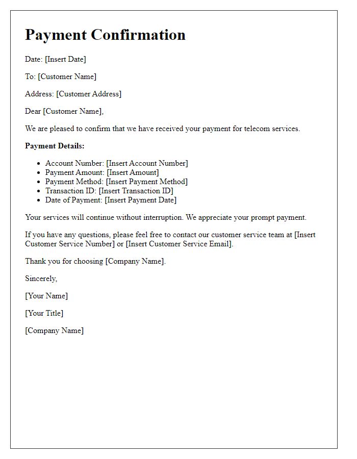 Letter template of Telecom Service Payment Confirmation