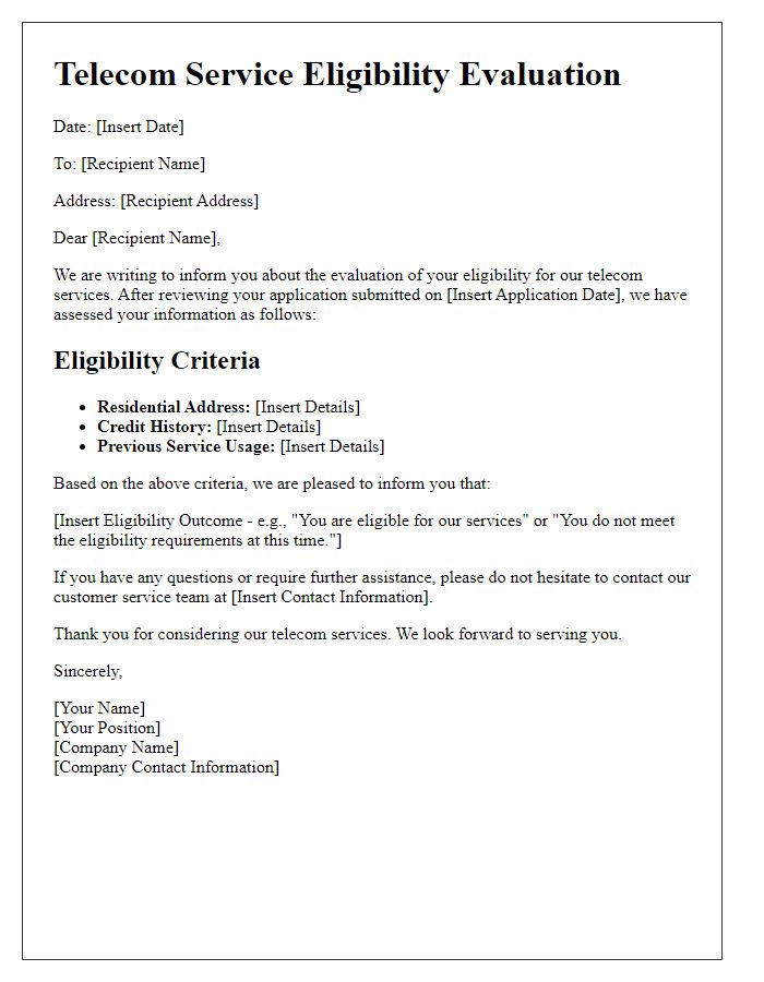 Letter template of telecom service eligibility evaluation