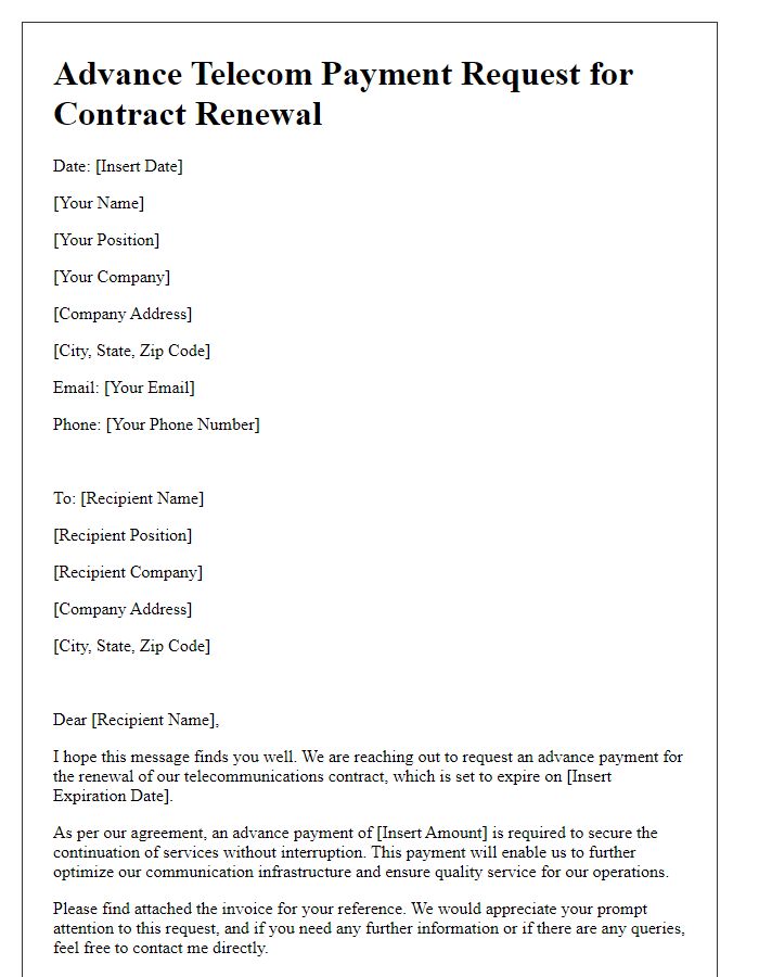 Letter template of advance telecom payment request for contract renewal.