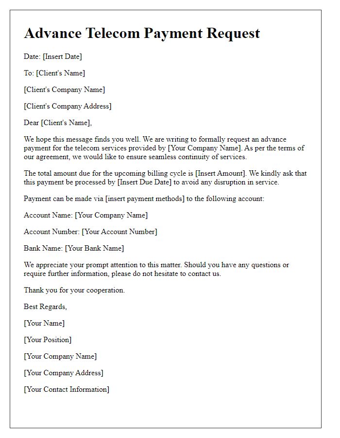 Letter template of advance telecom payment request for corporate clients.