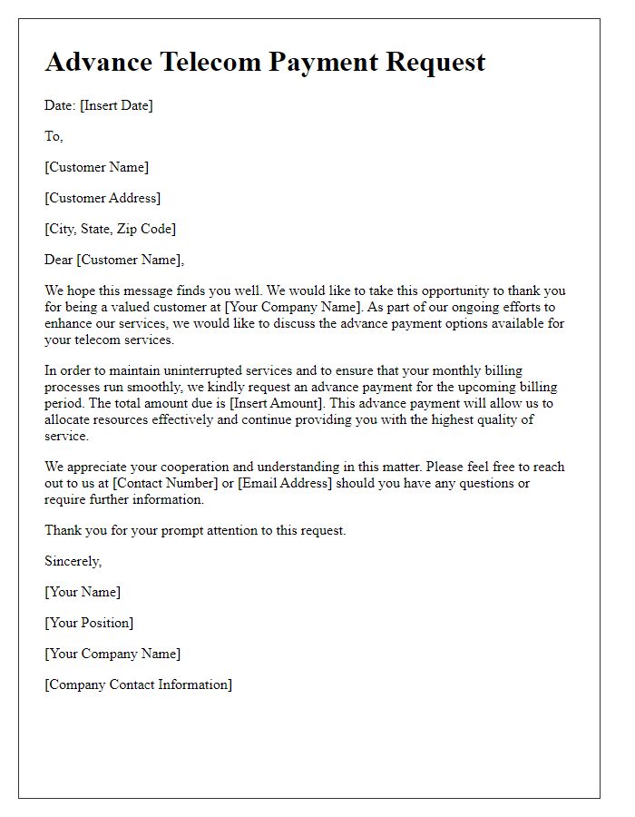 Letter template of advance telecom payment request for existing customers.