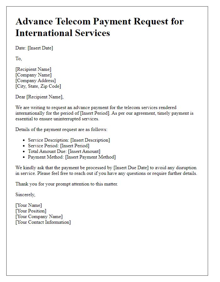 Letter template of advance telecom payment request for international services.