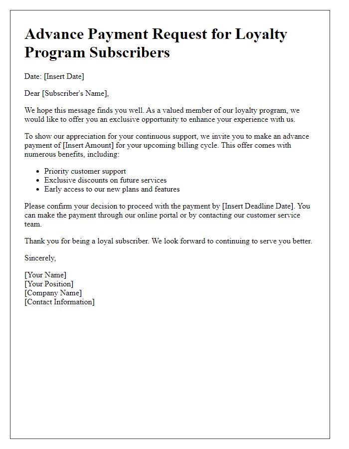 Letter template of advance telecom payment request for loyalty program subscribers.