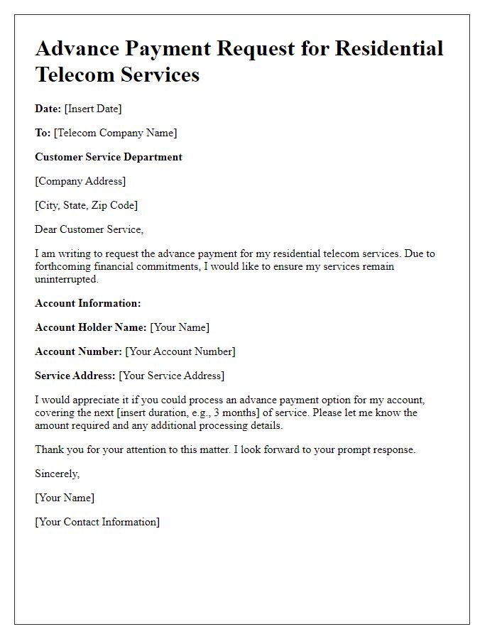 Letter template of advance telecom payment request for residential services.