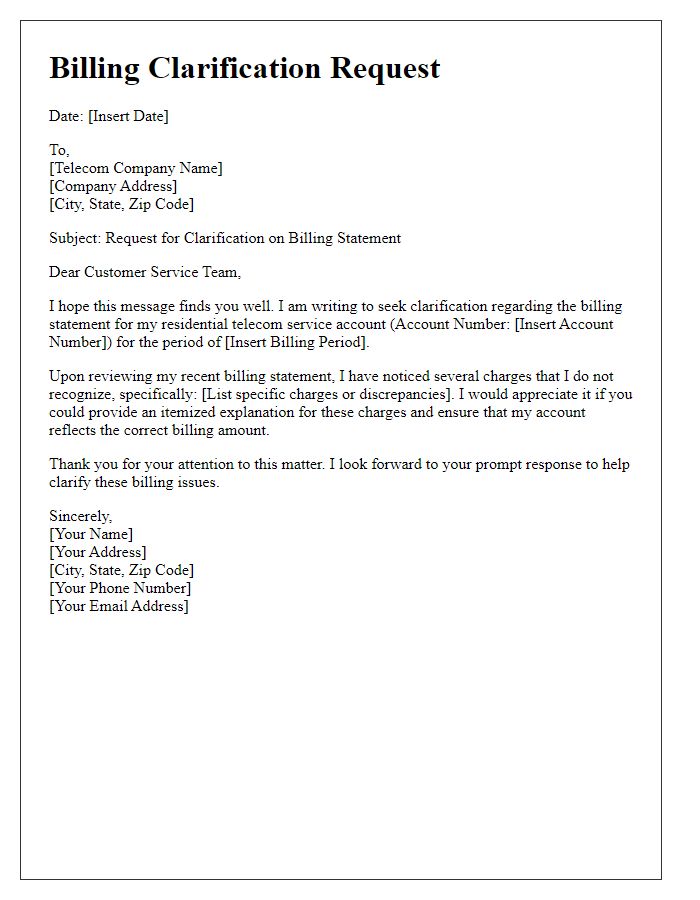 Letter template of residential telecom service billing clarification request.