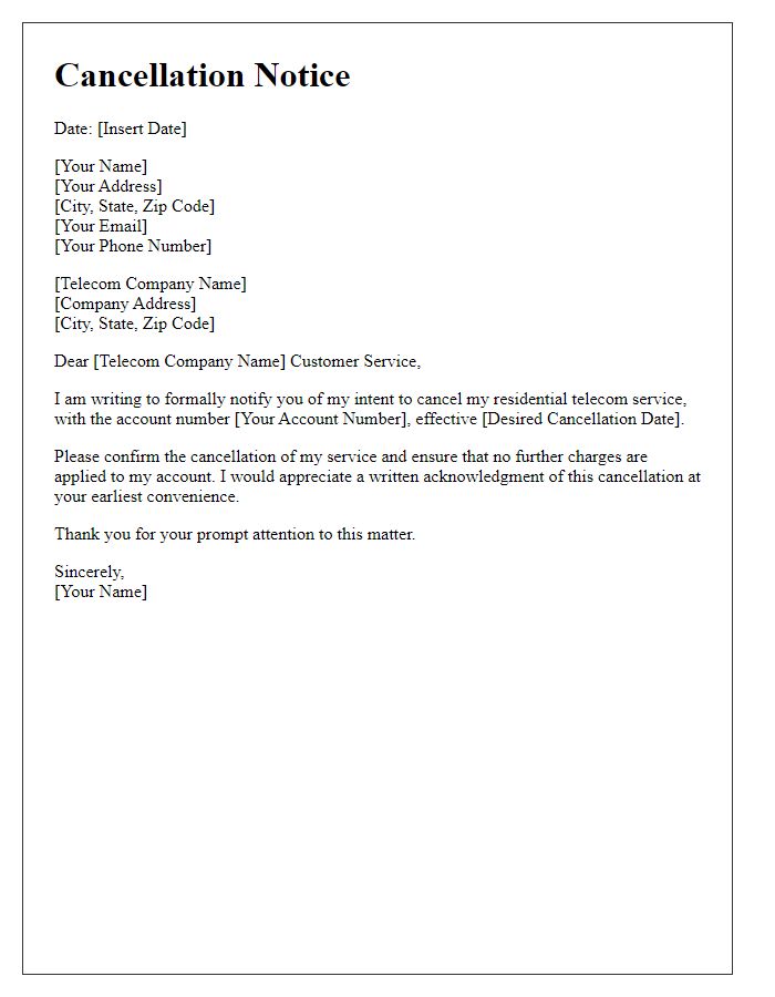 Letter template of residential telecom service cancellation notice.