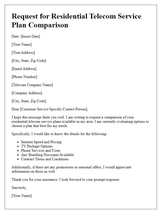 Letter template of residential telecom service plan comparison request.