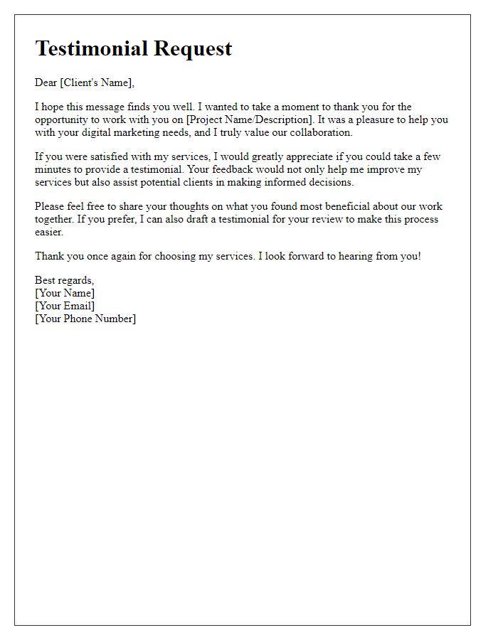 Letter template of freelance testimonial request for digital marketing consultations.