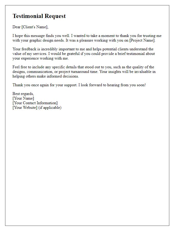 Letter template of freelance testimonial request for graphic design services.