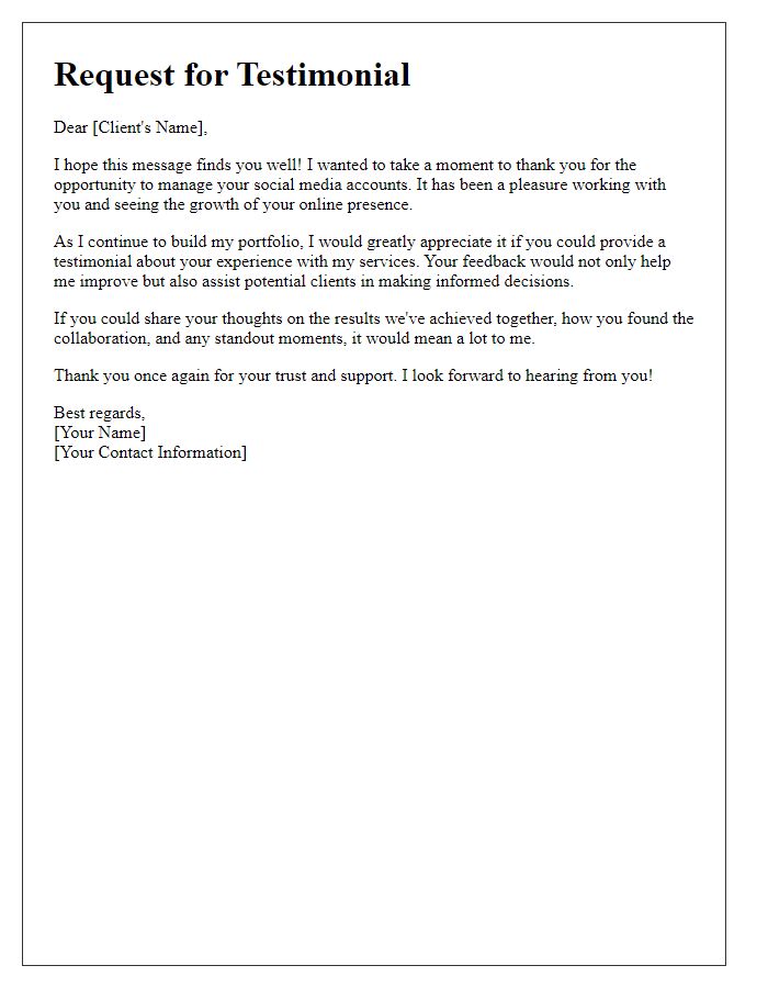 Letter template of freelance testimonial request for social media management.