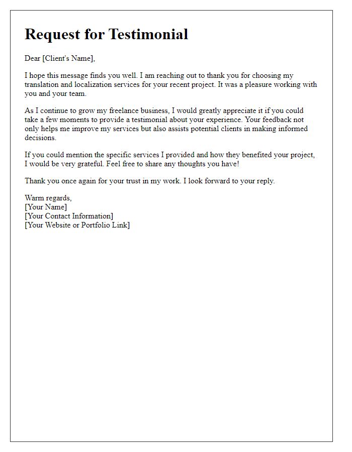 Letter template of freelance testimonial request for translation and localization services.