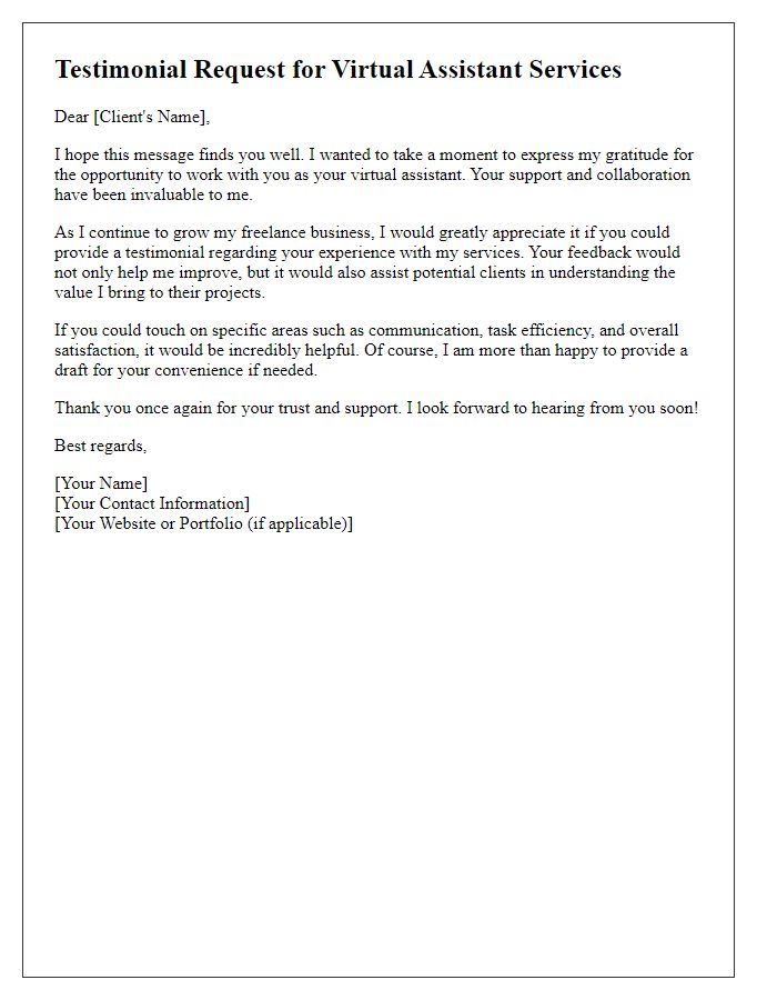 Letter template of freelance testimonial request for virtual assistant services.