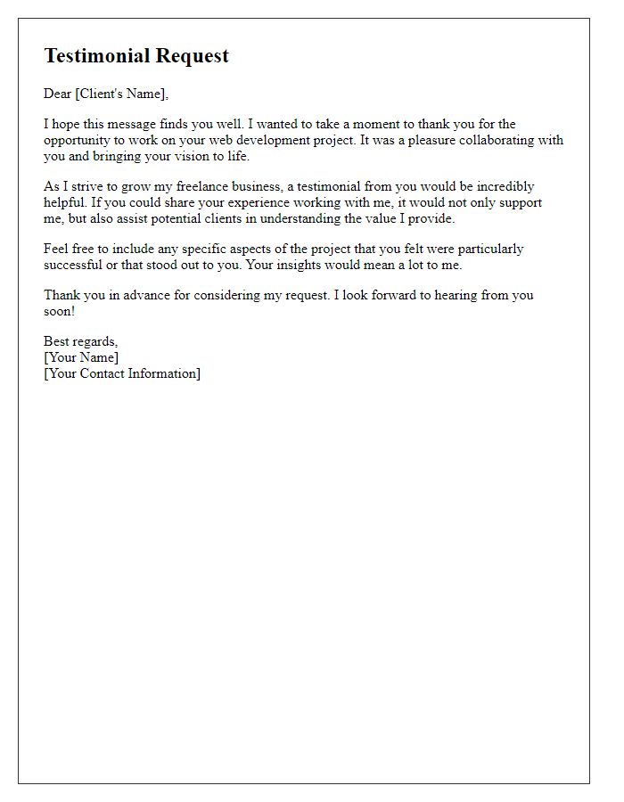 Letter template of freelance testimonial request for web development work.