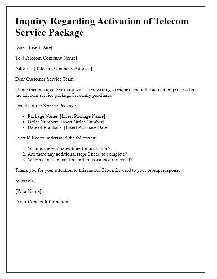 Letter template of telecom service package activation process inquiry.