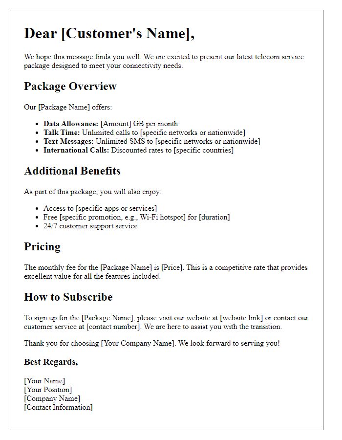 Letter template of telecom service package explanation needed.